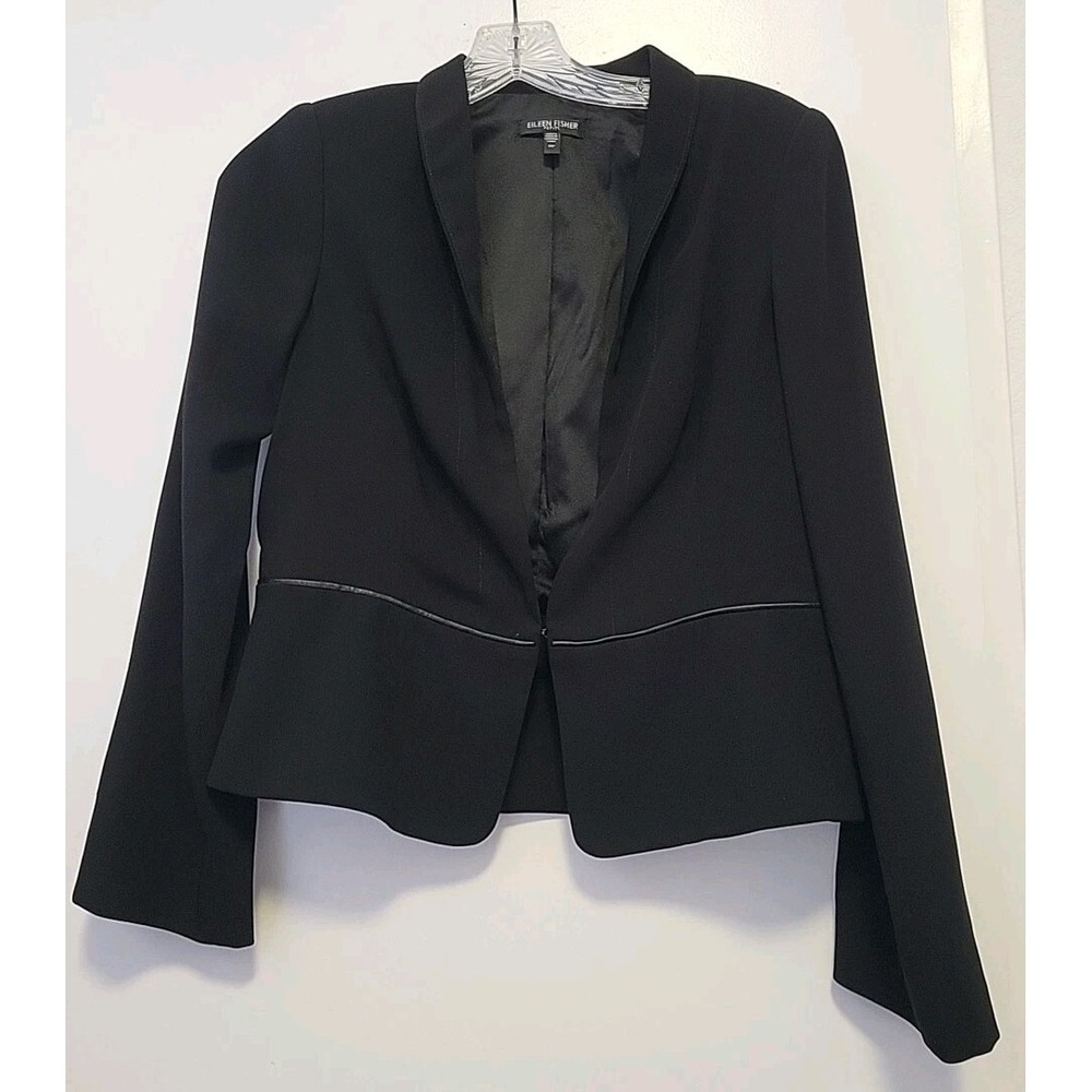 Eileen Fisher Black Blazer Leather Trimmed Women's Small Petite Silk Blend